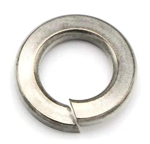 Half Inch Split Lock Washers Heavy Duty Rock Solid Groove Built To Keep Everything Tight Against Kickback Vibration Top Shelf Industrial Hardware Bulk Pack 250 Pieces close-up of a stainless steel split washer.