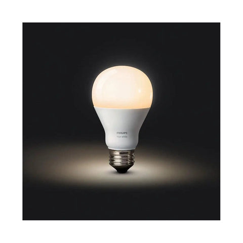 Smart White LED A19 Bulbs Starter Kit With Hub Dimmable 60W Equivalent bulb glowing on black background