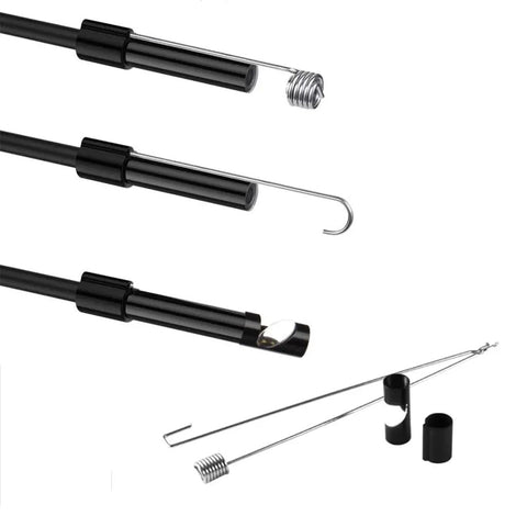 Dual Lens Endoscope Camera With Light, DIY-Friendly Borescope Tool attachments, IP67 waterproof, semi-rigid cable, hooks, and sleeves.