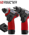 Power Up Your Garage with This Badass G12 Series 3-Tool Cordless Combo Kit Featuring a Brushless 3/8 Inch Ratchet Wrench plus Killer 2-Speed Drill Driver and Impact Driver Powered by Two Solid Batteries for Serious Work, showing the cordless drill and driver.
