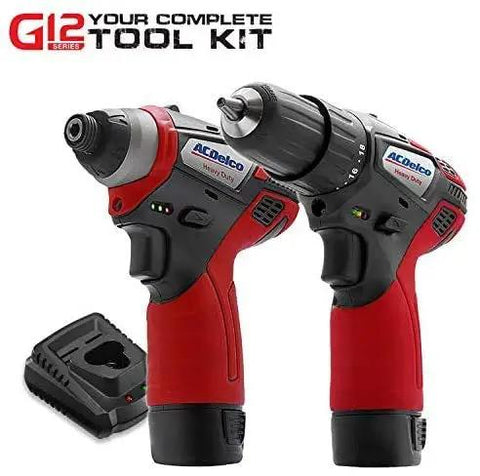 Power Up Your Garage with This Badass G12 Series 3-Tool Cordless Combo Kit Featuring a Brushless 3/8 Inch Ratchet Wrench plus Killer 2-Speed Drill Driver and Impact Driver Powered by Two Solid Batteries for Serious Work, showing the cordless drill and driver.