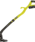 One Plus 18 Volt Cordless String Trimmer And Edger With 10 Inch Cut Width, lightweight design, and rotating shaft visible