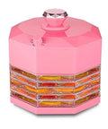 Dang Sweet Compact 5 Tray Food and Pet Dehydrator Machine With 8 Speed Controls for Drying Fruits Vegetables Meats Herbs and Jerky No Fuss Operation for Kitchen or Bedroom Anytime Convenience in pink color with visible trays.