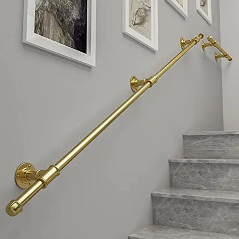 Hella Sturdy Gold Wrought Iron Handrail For Elderly And Kids Safety Stair Railing mounted on indoor staircase.