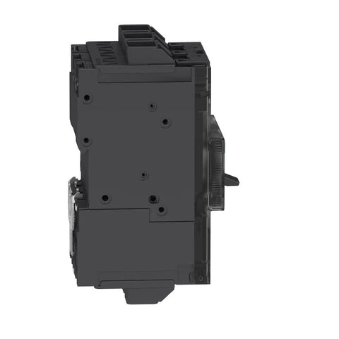 Built Tough 60 Amp Three Pole Circuit Breaker With Thermal Magnetic Trip Unit And Din Rail Or Back Pan Mount side view showing mounting features.