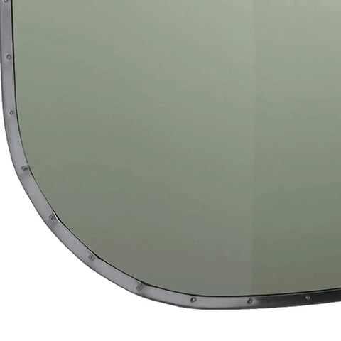 Close-up of corner detail on Green Aluminum-Bound Face Shield Window 9 x 15.5 x 0.04 Inch With Universal Pin Mount Fits Hard Hat Interchange System