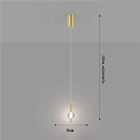 Nordic Minimalist Pendant Light With Crystal Glass Shade, Adjustable Mini Ball Design, gold finish, 100cm cord, 6cm diameter