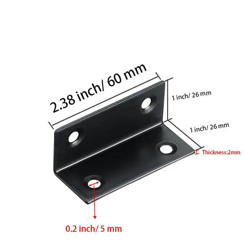 10 Piece Stainless Steel L Bracket Set 2.38x1x1 Inch Heavy Duty 90 Degree Corner Braces Black with dimensions and screw holes visible