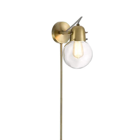 Mid Century Modern Glass Globe Plug In Wall Sconce With LED Bulb, Gold Satin Brass Finish, Adjustable Clear Glass Shade