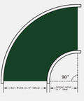 Diagram of curved conveyor belt with 90 degree turn, showing measurements and green PVC belt.