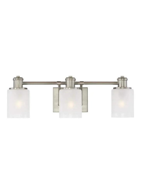 3 Light Norwood Traditional Bath Fixture Wall Lamp In Brushed Nickel with three etched glass shades, classic bathroom decor