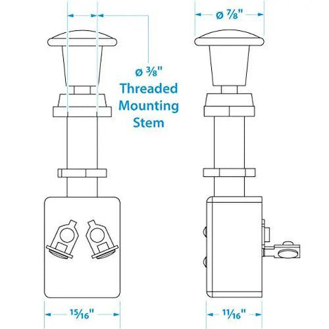Diagram of Built Tough Heavy Duty 2 Position Push Pull On Off Switch dimensions, with threaded mounting stem and measurements.