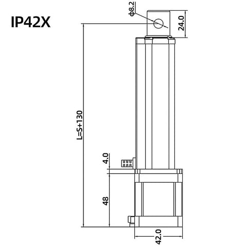 Pro Grade IP42 Linear Actuator Boasting A Rock Solid One Hundred Millimeter Reach Joined To A Reliable DC Nine To Thirty Two Volt Stepper Motor Controller dimensions diagram.
