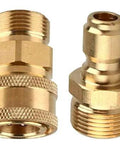 Brass pressure washer adapter set with M22-15mm male thread and 3/8-in quick-connect fittings, two adapters.