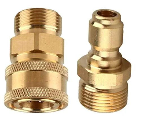 Brass pressure washer adapter set with M22-15mm male thread and 3/8-in quick-connect fittings, two adapters.
