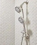 Spot Resist Brushed Nickel Five Function 4.5 Inch Diameter Shower Head With Integrated Handheld Shower in standard bathroom setup