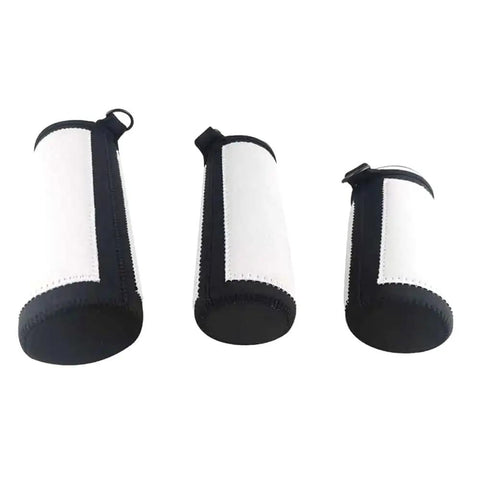 Three Ten Pack Neoprene Water Bottle Carrier Sleeves For Heat Press Sublimation Tumbler Cup Carrier Pouch with black trim on white.