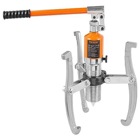Front view of VEVOR hydraulic gear puller with orange handle and three jaws