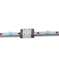 Amazon 100mm linear rail guide with sliding block, front view, steel rail and blue knobs