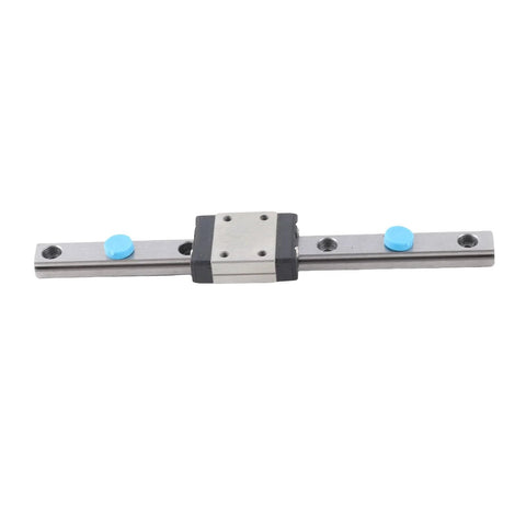 Amazon 100mm linear rail guide with sliding block, front view, steel rail and blue knobs