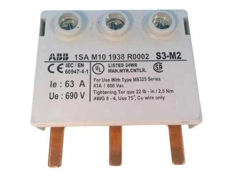 Front view of MS325-BB1 Terminal Busbar Block Single Unit, showing copper connectors and electrical specifications.