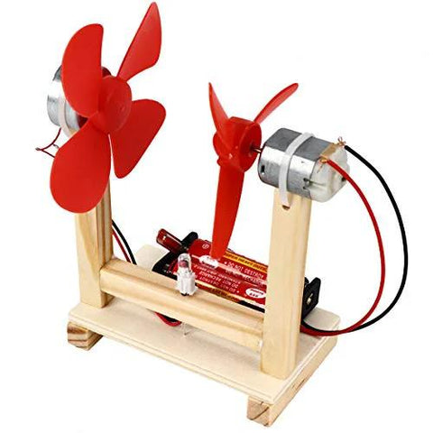 Arduino DC motor set powering propellers on wooden stand for robotics projects