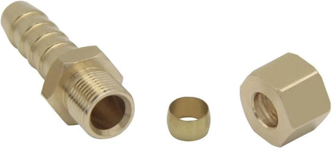 Brass YSIL compression fitting for 5/16 in tube to 5/16 in hose barb; disassembled with nut and ferrule