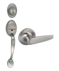 Brass Entry Door Handle Set In Satin Nickel Finish With Two Way Latch And Left Or Right Hand Fit Five Pin Security ANSI Grade 3