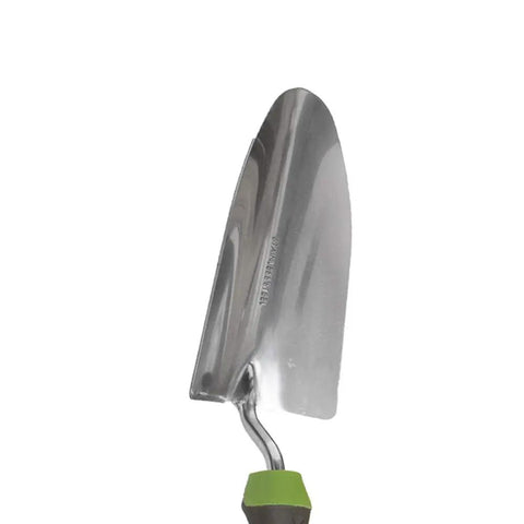 Stainless Steel Hand Trowel With Ergo Gel Grip 13 Inch Cushioned Comfort Handle for gardening showing shiny metal blade.