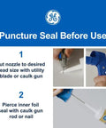Instructions for using Advanced Silicone Caulk For Kitchen And Bathroom White 2.8 Fl Oz Tube 1 Pack with nozzle cutting and seal puncture steps.