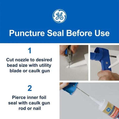 Instructions for using Advanced Silicone Caulk For Kitchen And Bathroom White 2.8 Fl Oz Tube 1 Pack with nozzle cutting and seal puncture steps.
