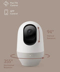 2K Indoor WiFi Baby And Pet Camera With 360 Degree Pan And Tilt AI Motion Tracking showing vertical and horizontal rotation angles