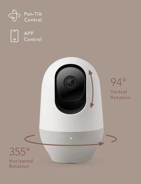 2K Indoor WiFi Baby And Pet Camera With 360 Degree Pan And Tilt AI Motion Tracking showing vertical and horizontal rotation angles
