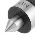 Live center MT2 lathe tool with 60° steel pointed tip, silver and black housing