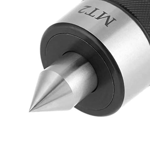 Live center MT2 lathe tool with 60° steel pointed tip, silver and black housing