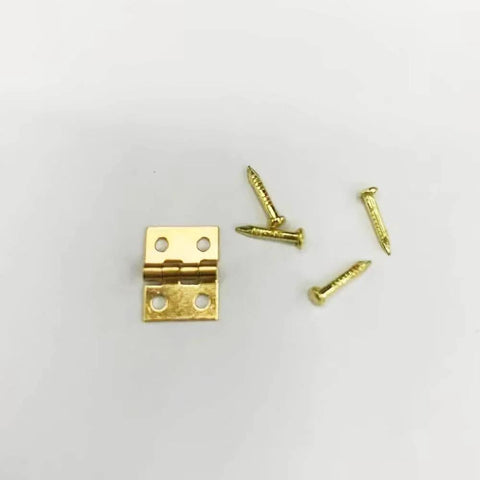 Golden One Twelfth Scale Dollhouse Door Hinges With Screws Set Of Four Hinges And Sixteen Screws For One Twelfth Scale Miniature Doors Cabinets And Furniture DIY Projects Realistic Finish Easy Installation, showing one hinge and four screws.