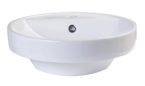 BA141 18 Inch Round Ceramic Above Mount Bathroom Basin with Single Hole Faucet Setup and Rear Center Drain, modern porcelain sink