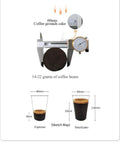 Diagram showing coffee grounds measurement and cup sizes for Espresso and Americano from a High Capacity Self Serve Coffee Vending Machine.