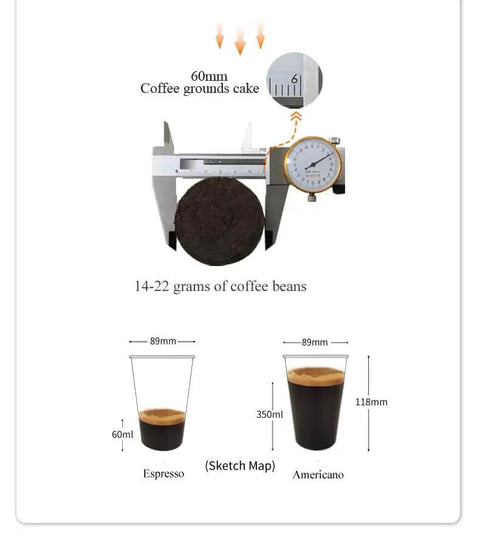 Diagram showing coffee grounds measurement and cup sizes for Espresso and Americano from a High Capacity Self Serve Coffee Vending Machine.
