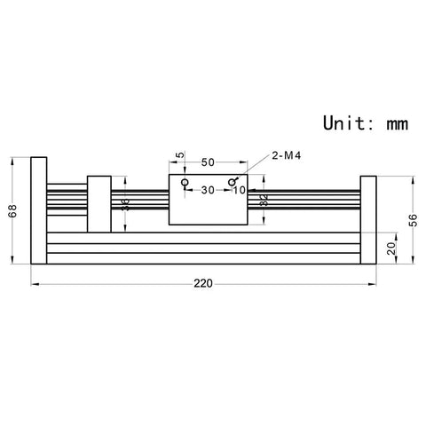 Technical diagram of Dual Optical Axis Ballscrew SFU1605 100mm Travel With NEMA23 Stepper Motor actuator, dimensions shown in mm.