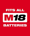Text graphic stating 'FITS ALL M18 BATTERIES' on red background for Half Inch High Torque Cordless Impact Wrench Kit.