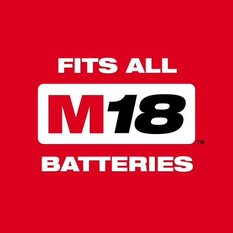 Text graphic stating 'FITS ALL M18 BATTERIES' on red background for Half Inch High Torque Cordless Impact Wrench Kit.