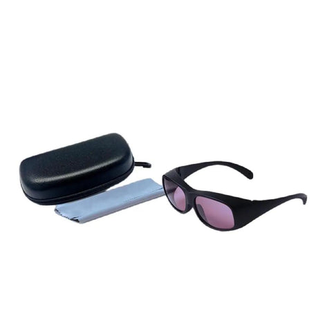 Top Shelf Laser Safety Glasses With Near Infrared Protection Blocking 740 Nm To 850 Nm Featuring Od5 Plus And Od6 Plus Ratings with case and cleaning cloth.