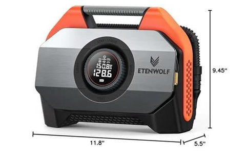 ETENWOLF VORTEX S6 cordless tire inflator portable air compressor, vivid orange and black with circular digital gauge