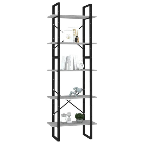 Industrial 5 Tier Book Cabinet With Adjustable Shelves in concrete gray and black, engineered wood and metal for storage.