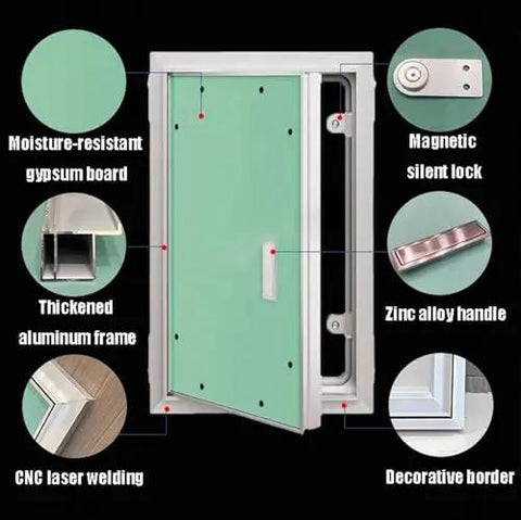 Adjustable Drywall Access Panel With Keyed Lock And Fire Rated Aluminum Shell Hidden Inspection Door For Walls And Ceilings No Sweat Install For House Reno Or Commercial Sites Built Tough To Keep Out Heat And Moisture showing features like moisture-resistant gypsum board and magnetic lock.