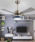 Modern Ceiling Fan With Remote And Bright Led Lights Featuring Three Adjustable Color Temperatures Ideal For Bedrooms Dining Rooms And Restaurants Sleek Build Offers Whisper Quiet Performance And Hella Chill Vibes in a stylish living room.