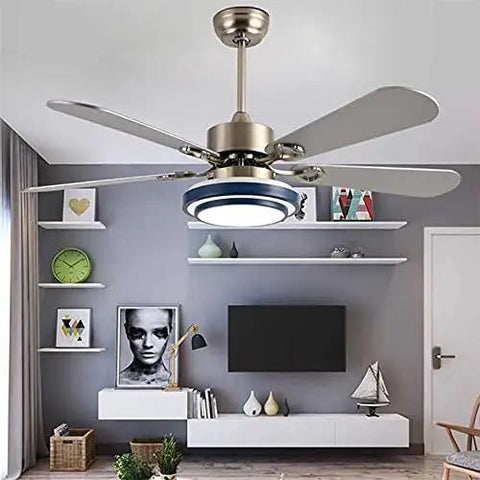 Modern Ceiling Fan With Built In LED Lights Remote Control And Three Warm Color Options Smooth Spinning Blades Totally Whisper Quiet Operation Big Airflow For Bedrooms Kitchens Dining Rooms Sleek Home Decor in a stylish living room.