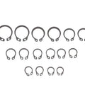 Super Solid 100 Pc 304 Stainless Steel External Retaining Ring Set Circlips in various sizes arranged on a white background.