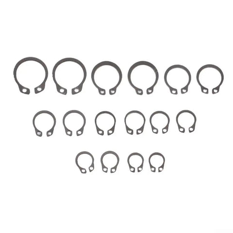 Super Solid 100 Pc 304 Stainless Steel External Retaining Ring Set Circlips in various sizes arranged on a white background.